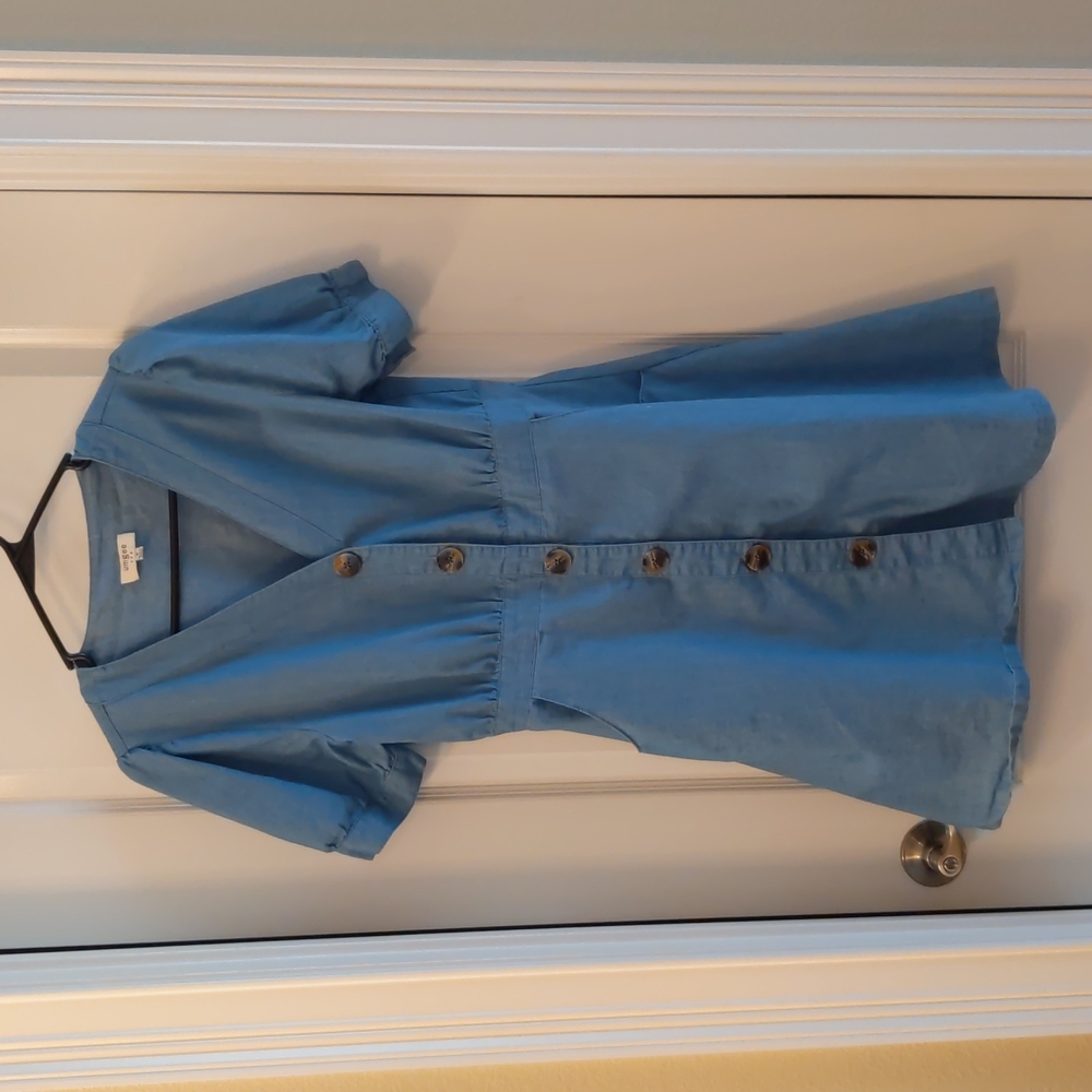 Umgee Blue Cotton Button Front Sundress with Pockets - Small
